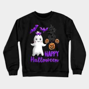 Pumpkin baby girl ghost Kawaii bat spider Happy Halloween violet orange black dots ribbon 3D tridimensional 317 Crewneck Sweatshirt